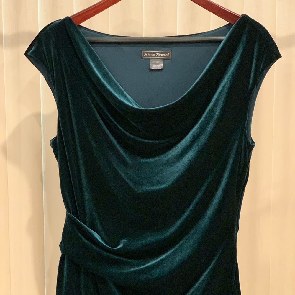 Jessica Howard Deep Teal Midi Dress with Cowl Neck and Asymmetrical Ruching